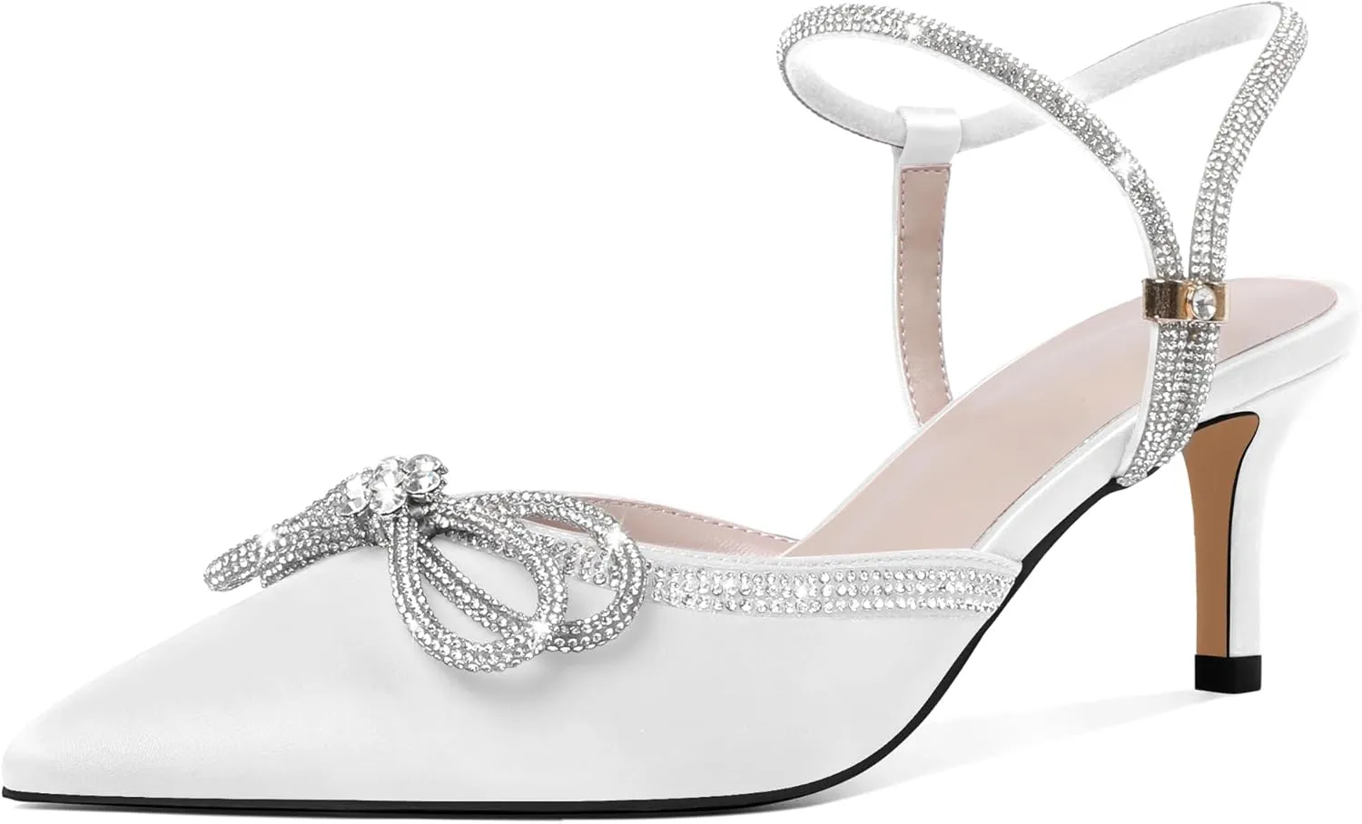 Joseywade Rhinestone Bow Heels Low Kitten Heel Glitter Double Bow Pumps Pointed Toe Women Slingback Adjustable Ankle Strap Shoes for Wedding Bridal Bridesmaid Engagement Bachelorette