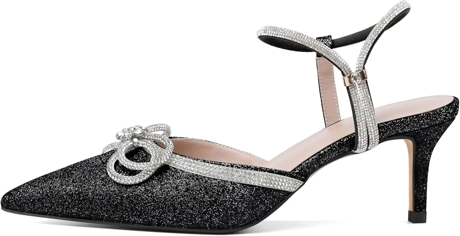 Joseywade Rhinestone Bow Heels Low Kitten Heel Glitter Double Bow Pumps Pointed Toe Women Slingback Adjustable Ankle Strap Shoes for Wedding Bridal Bridesmaid Engagement Bachelorette