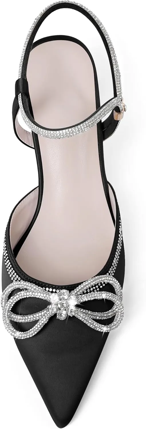 Joseywade Rhinestone Bow Heels Low Kitten Heel Glitter Double Bow Pumps Pointed Toe Women Slingback Adjustable Ankle Strap Shoes for Wedding Bridal Bridesmaid Engagement Bachelorette