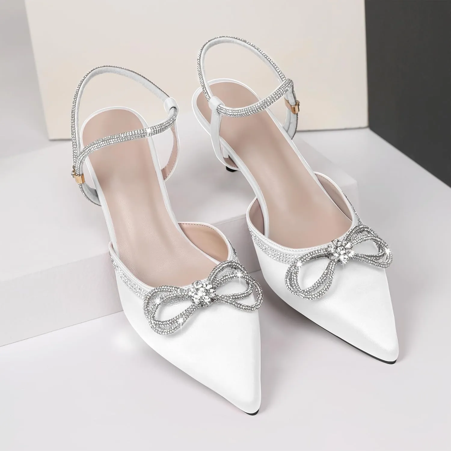 Joseywade Rhinestone Bow Heels Low Kitten Heel Glitter Double Bow Pumps Pointed Toe Women Slingback Adjustable Ankle Strap Shoes for Wedding Bridal Bridesmaid Engagement Bachelorette