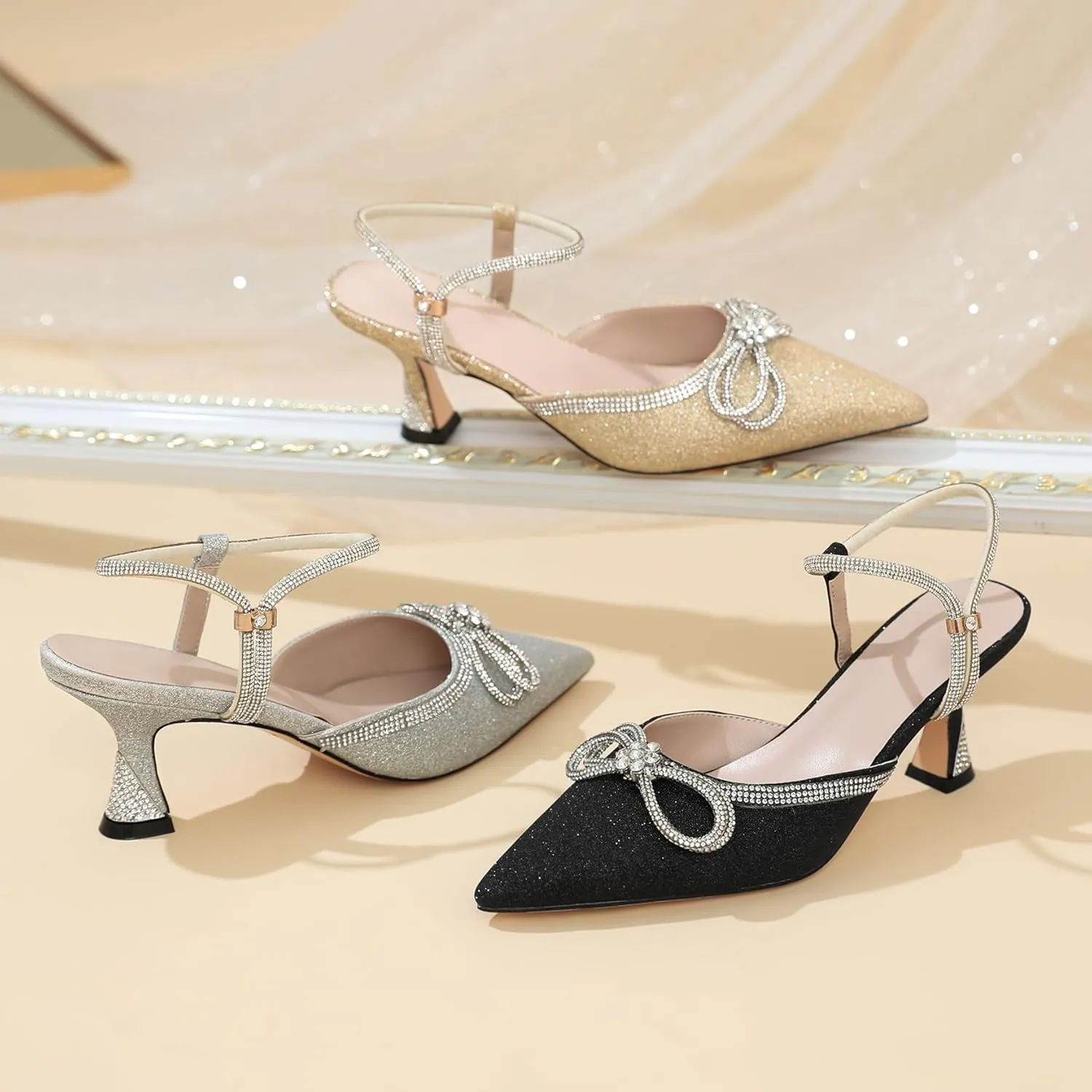 Joseywade Rhinestone Bow Heels Low Kitten Heel Glitter Double Bow Pumps Pointed Toe Women Slingback Adjustable Ankle Strap Shoes for Wedding Bridal Bridesmaid Engagement Bachelorette