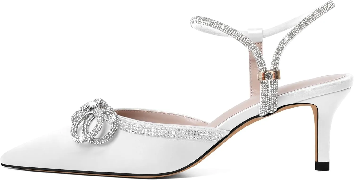 Joseywade Rhinestone Bow Heels Low Kitten Heel Glitter Double Bow Pumps Pointed Toe Women Slingback Adjustable Ankle Strap Shoes for Wedding Bridal Bridesmaid Engagement Bachelorette