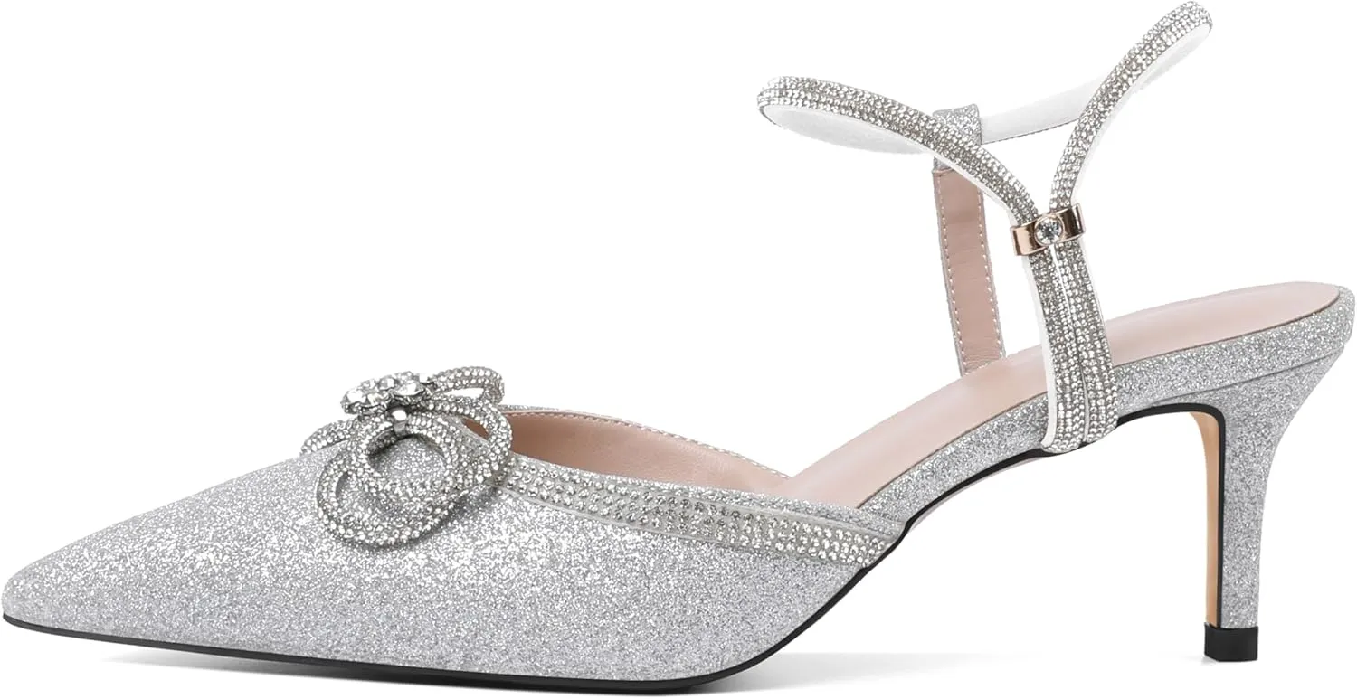 Joseywade Rhinestone Bow Heels Low Kitten Heel Glitter Double Bow Pumps Pointed Toe Women Slingback Adjustable Ankle Strap Shoes for Wedding Bridal Bridesmaid Engagement Bachelorette