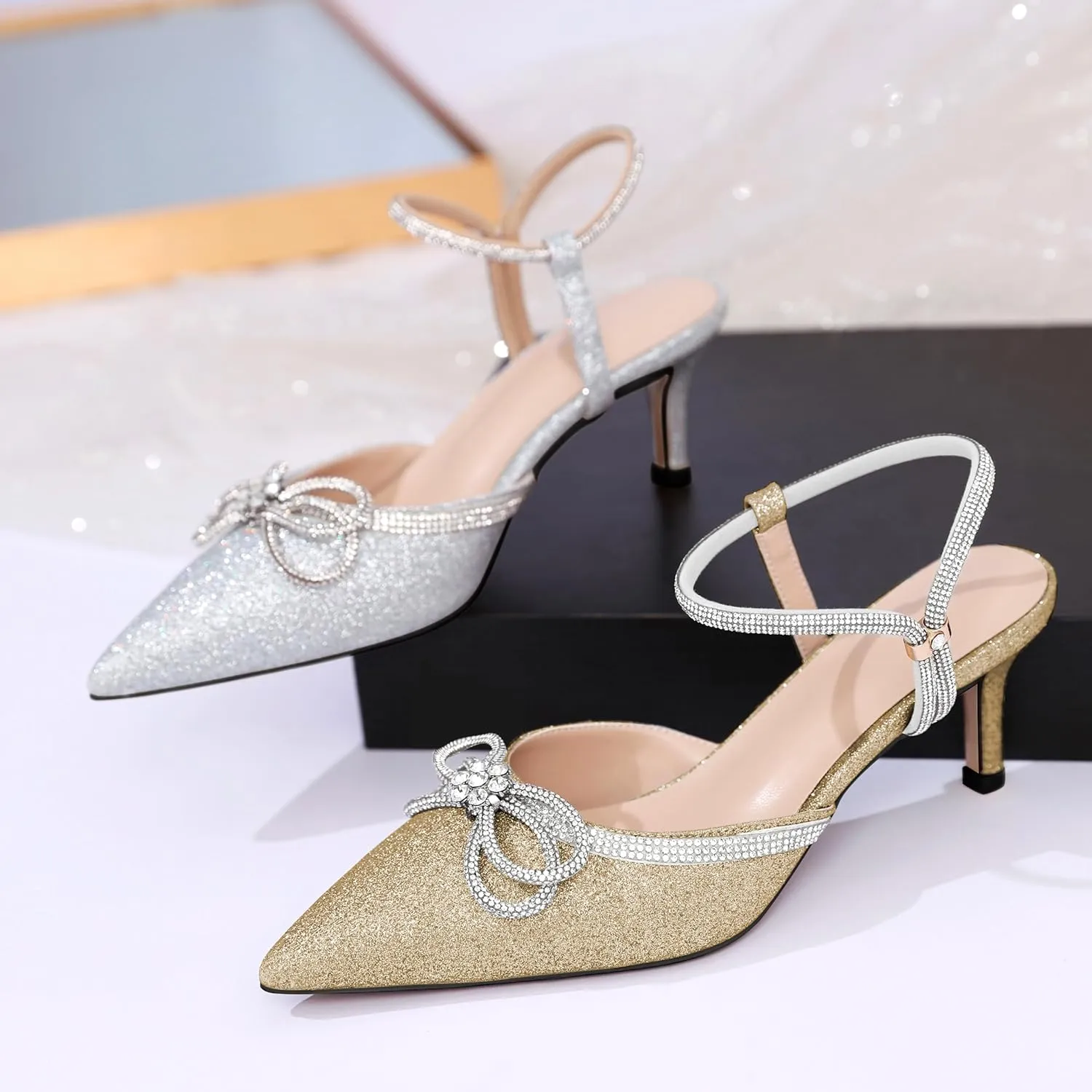 Joseywade Rhinestone Bow Heels Low Kitten Heel Glitter Double Bow Pumps Pointed Toe Women Slingback Adjustable Ankle Strap Shoes for Wedding Bridal Bridesmaid Engagement Bachelorette