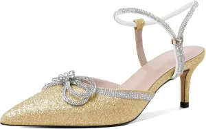 Joseywade Rhinestone Bow Heels Low Kitten Heel Glitter Double Bow Pumps Pointed Toe Women Slingback Adjustable Ankle Strap Shoes for Wedding Bridal Bridesmaid Engagement Bachelorette