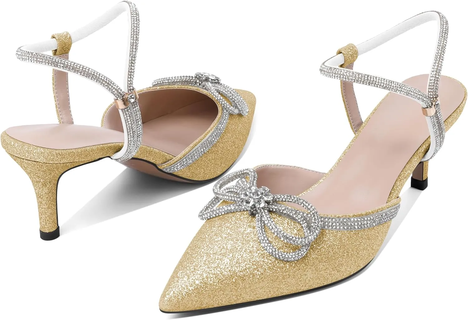 Joseywade Rhinestone Bow Heels Low Kitten Heel Glitter Double Bow Pumps Pointed Toe Women Slingback Adjustable Ankle Strap Shoes for Wedding Bridal Bridesmaid Engagement Bachelorette