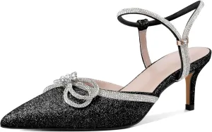 Joseywade Rhinestone Bow Heels Low Kitten Heel Glitter Double Bow Pumps Pointed Toe Women Slingback Adjustable Ankle Strap Shoes for Wedding Bridal Bridesmaid Engagement Bachelorette