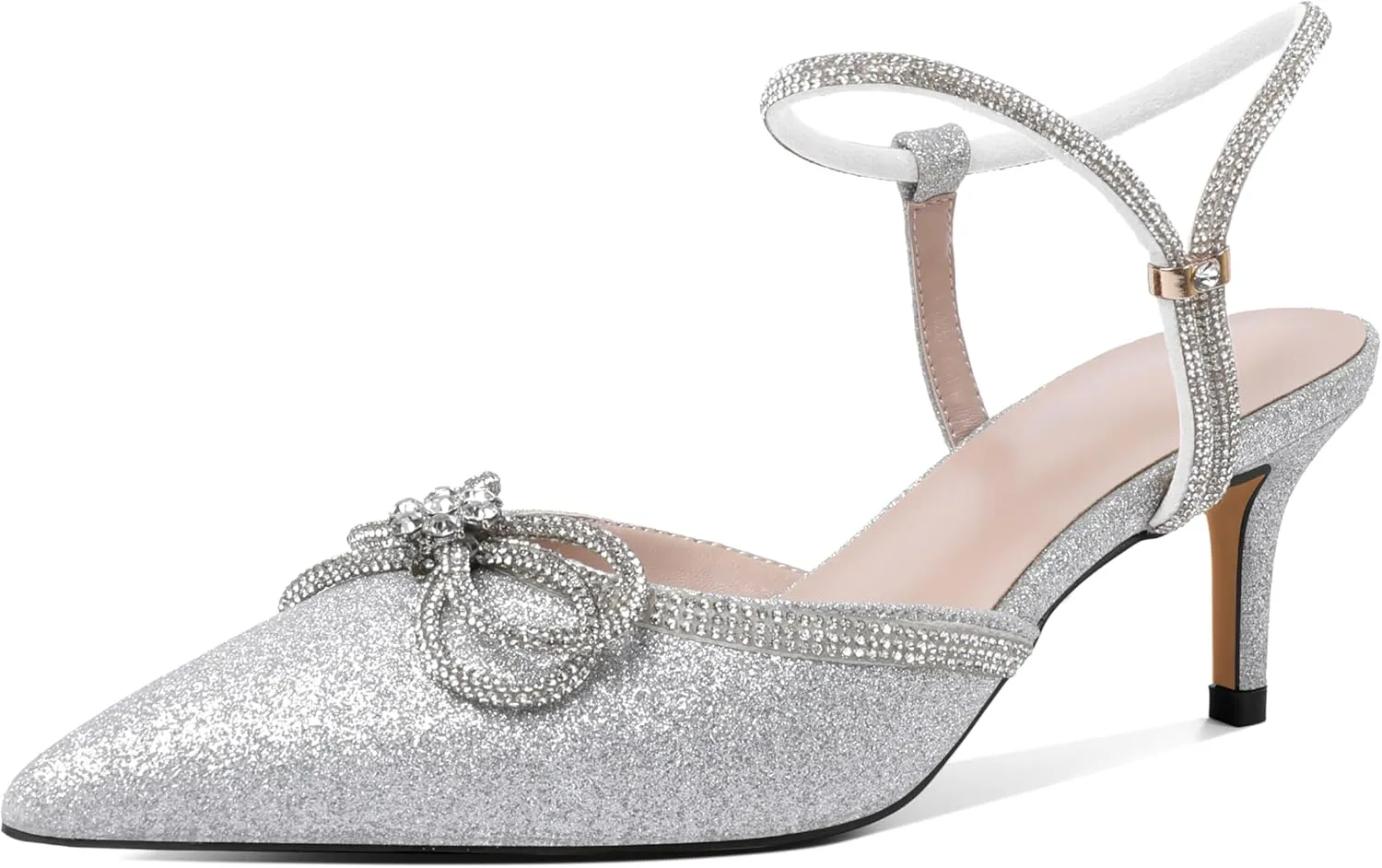 Joseywade Rhinestone Bow Heels Low Kitten Heel Glitter Double Bow Pumps Pointed Toe Women Slingback Adjustable Ankle Strap Shoes for Wedding Bridal Bridesmaid Engagement Bachelorette