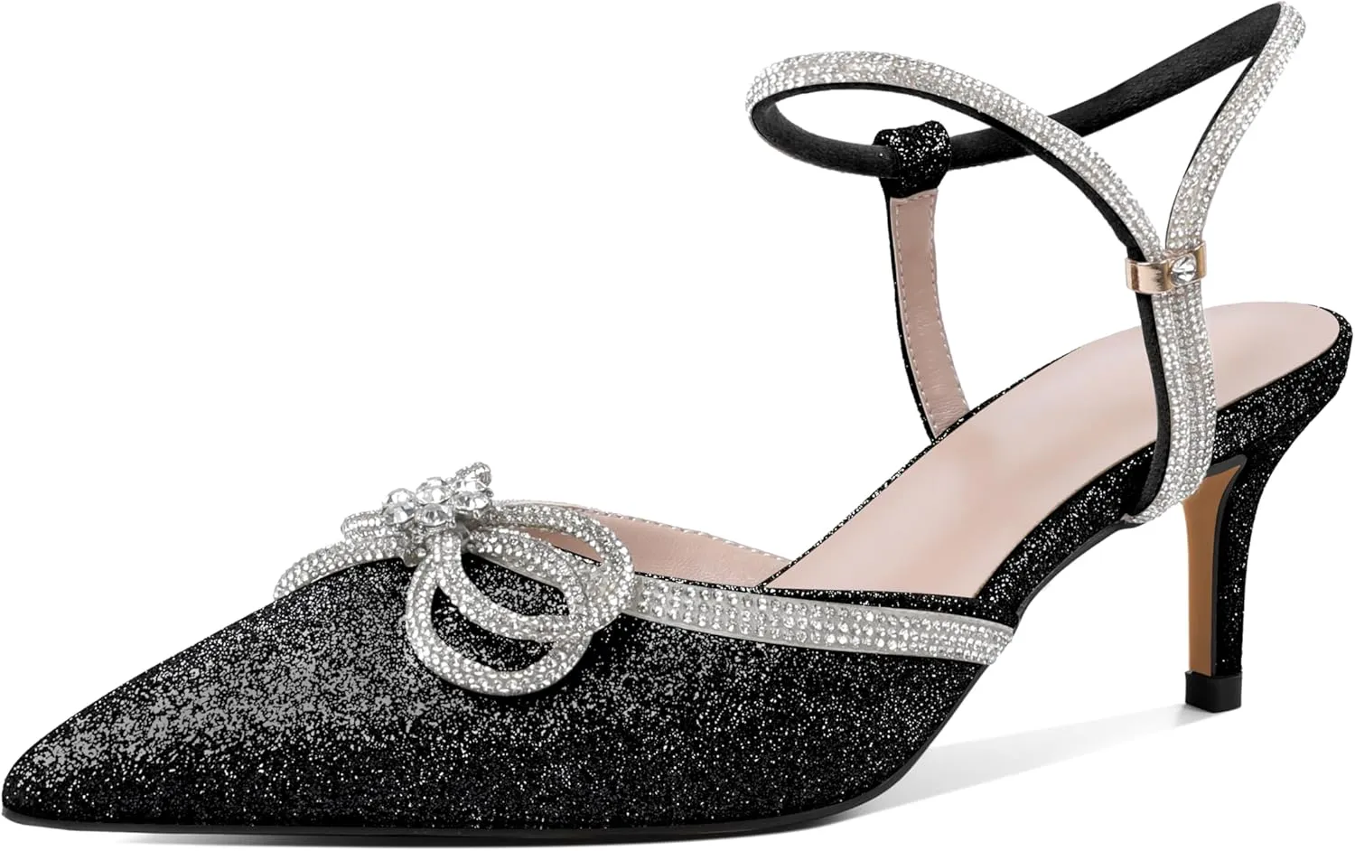 Joseywade Rhinestone Bow Heels Low Kitten Heel Glitter Double Bow Pumps Pointed Toe Women Slingback Adjustable Ankle Strap Shoes for Wedding Bridal Bridesmaid Engagement Bachelorette