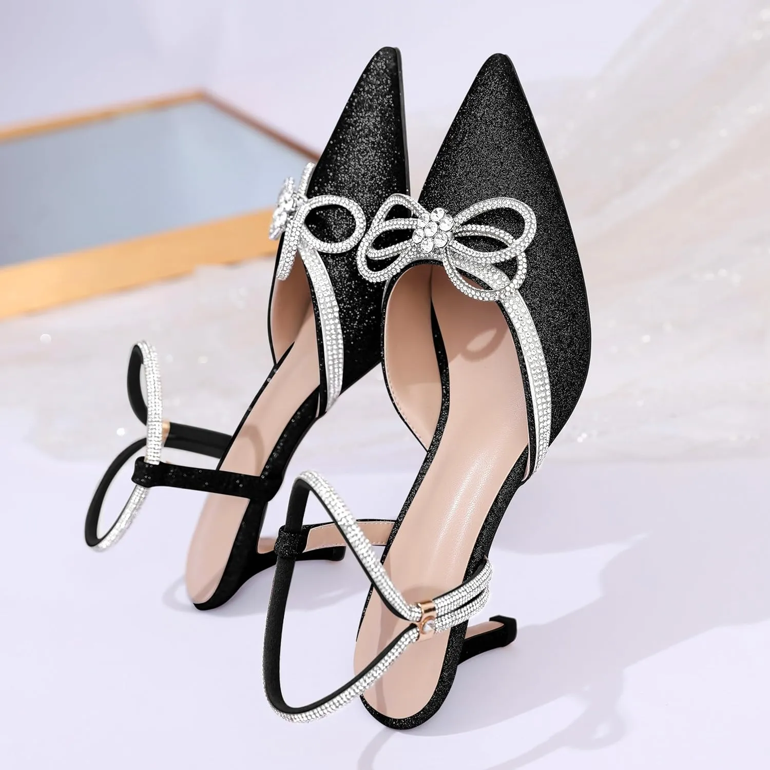 Joseywade Rhinestone Bow Heels Low Kitten Heel Glitter Double Bow Pumps Pointed Toe Women Slingback Adjustable Ankle Strap Shoes for Wedding Bridal Bridesmaid Engagement Bachelorette