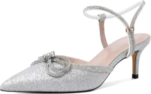 Joseywade Rhinestone Bow Heels Low Kitten Heel Glitter Double Bow Pumps Pointed Toe Women Slingback Adjustable Ankle Strap Shoes for Wedding Bridal Bridesmaid Engagement Bachelorette