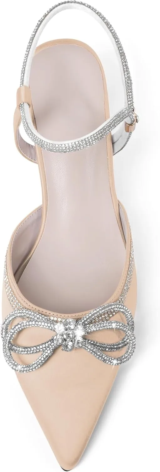 Joseywade Rhinestone Bow Heels Low Kitten Heel Glitter Double Bow Pumps Pointed Toe Women Slingback Adjustable Ankle Strap Shoes for Wedding Bridal Bridesmaid Engagement Bachelorette