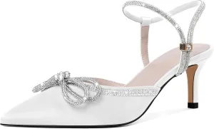 Joseywade Rhinestone Bow Heels Low Kitten Heel Glitter Double Bow Pumps Pointed Toe Women Slingback Adjustable Ankle Strap Shoes for Wedding Bridal Bridesmaid Engagement Bachelorette