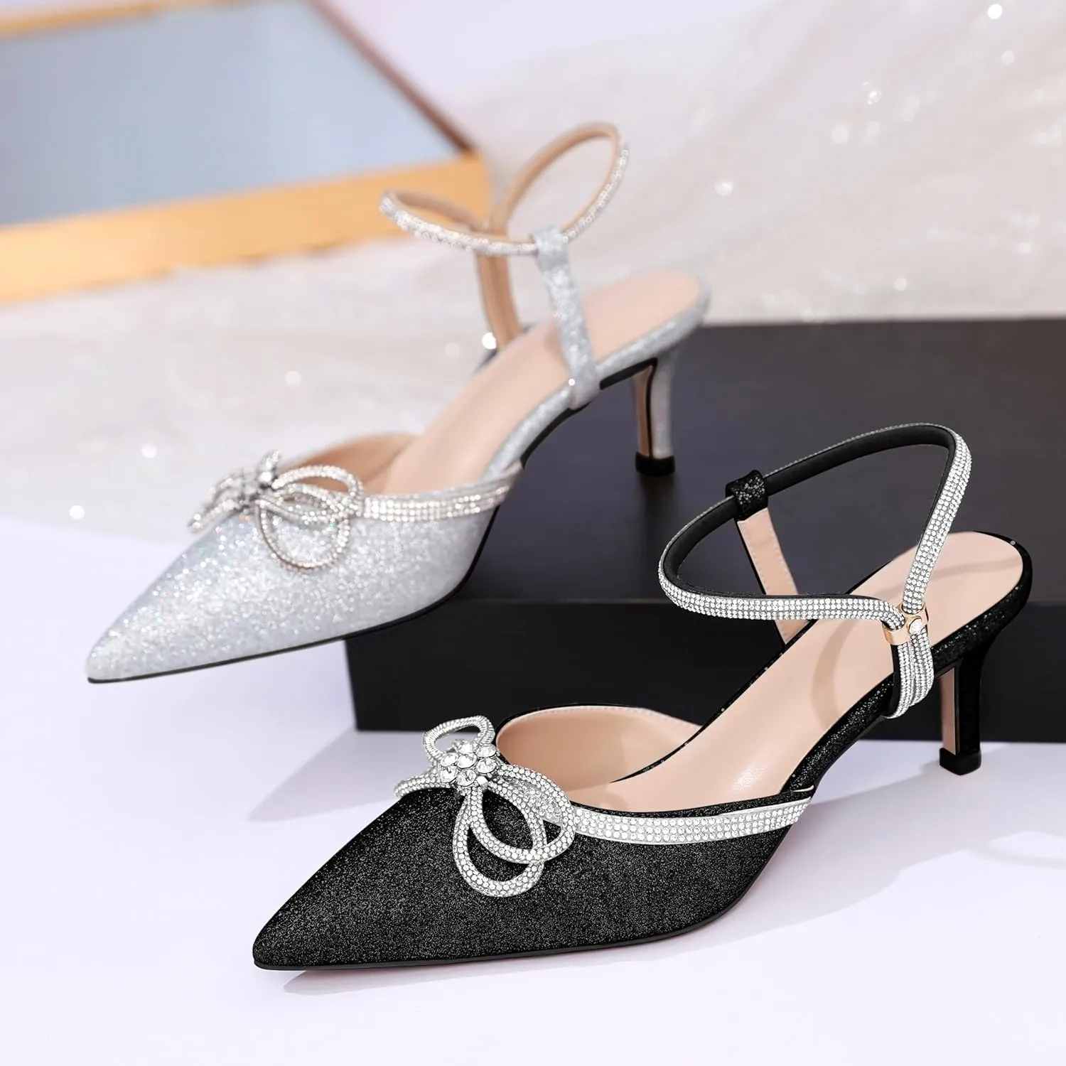 Joseywade Rhinestone Bow Heels Low Kitten Heel Glitter Double Bow Pumps Pointed Toe Women Slingback Adjustable Ankle Strap Shoes for Wedding Bridal Bridesmaid Engagement Bachelorette