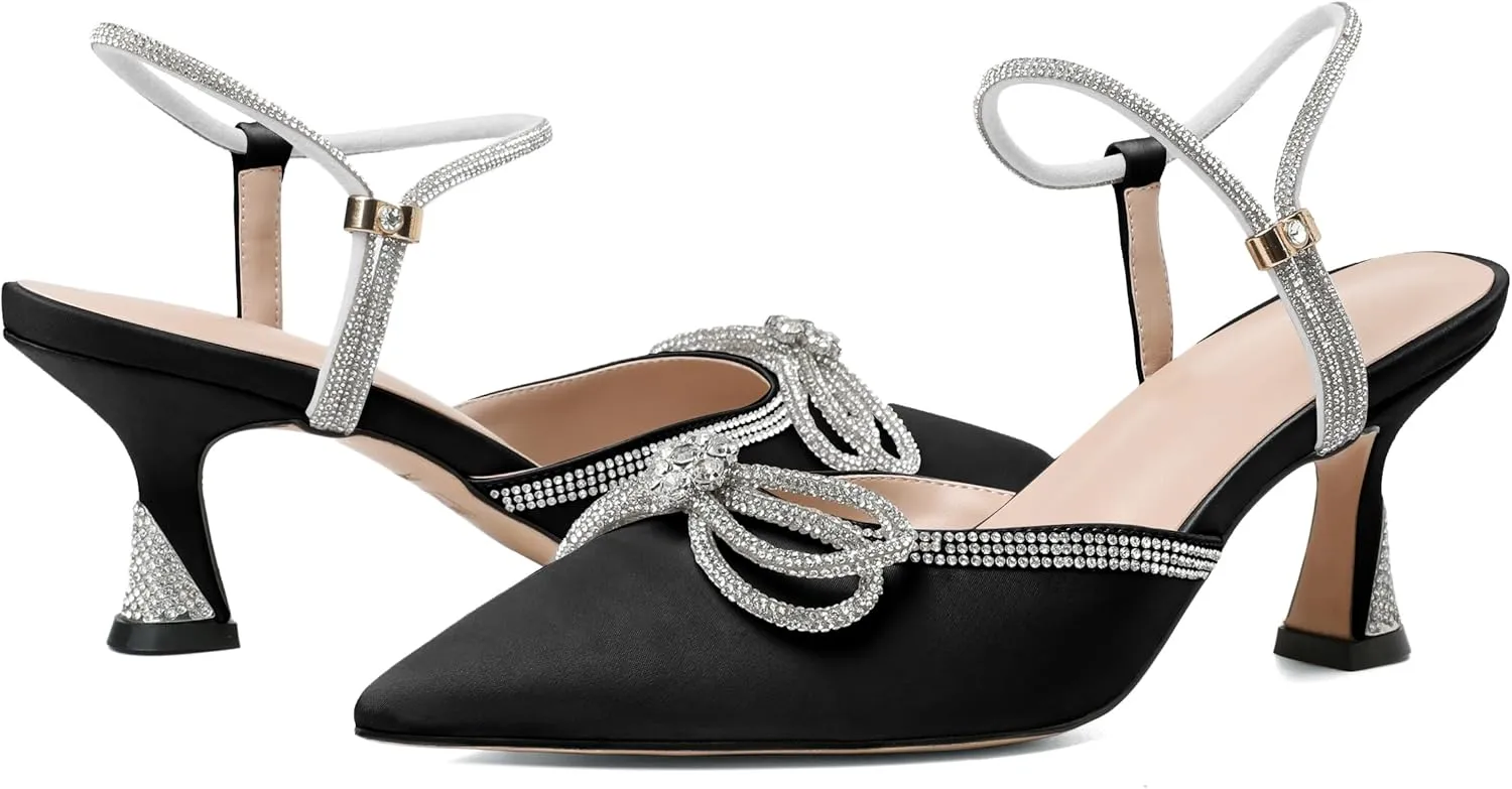 Joseywade Rhinestone Bow Heels Women Pointed Toe Low Heel Pumps Adjustable Ankle Strap Wedding Bridal Party Shoes