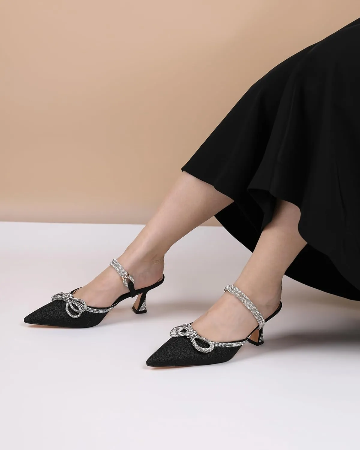 Joseywade Rhinestone Bow Heels Women Pointed Toe Low Heel Pumps Adjustable Ankle Strap Wedding Bridal Party Shoes