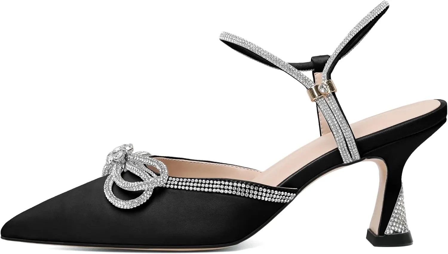 Joseywade Rhinestone Bow Heels Women Pointed Toe Low Heel Pumps Adjustable Ankle Strap Wedding Bridal Party Shoes