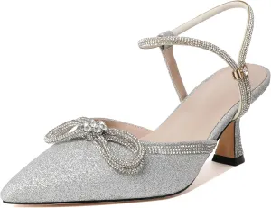 Joseywade Rhinestone Bow Heels Women Pointed Toe Low Heel Pumps Adjustable Ankle Strap Wedding Bridal Party Shoes
