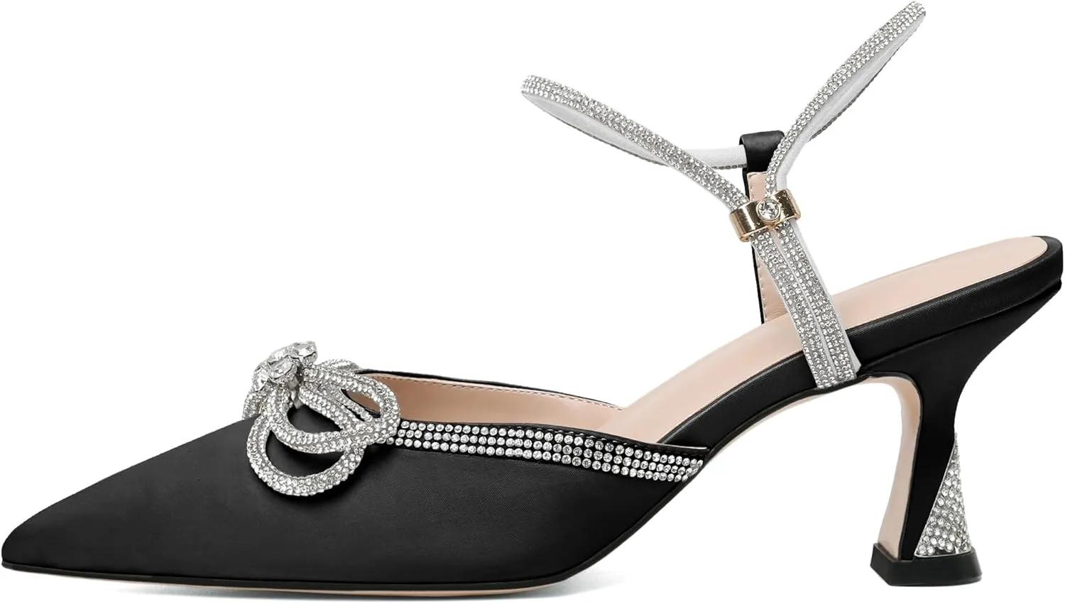 Joseywade Rhinestone Bow Heels Women Pointed Toe Low Heel Pumps Adjustable Ankle Strap Wedding Bridal Party Shoes