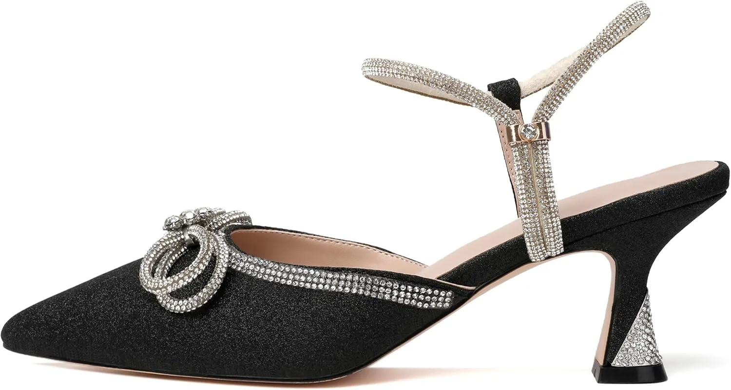 Joseywade Rhinestone Bow Heels Women Pointed Toe Low Heel Pumps Adjustable Ankle Strap Wedding Bridal Party Shoes