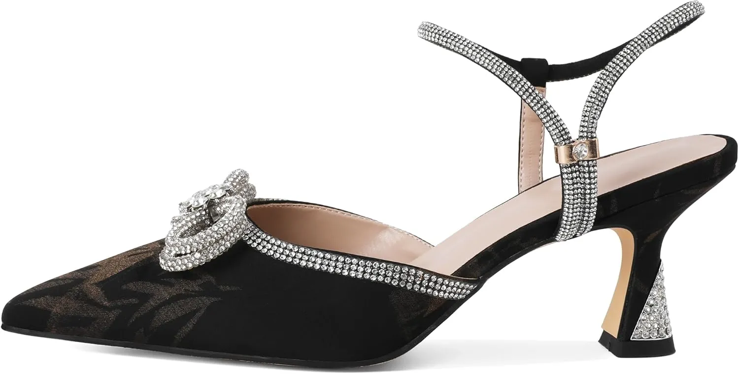 Joseywade Rhinestone Bow Heels Women Pointed Toe Low Heel Pumps Adjustable Ankle Strap Wedding Bridal Party Shoes