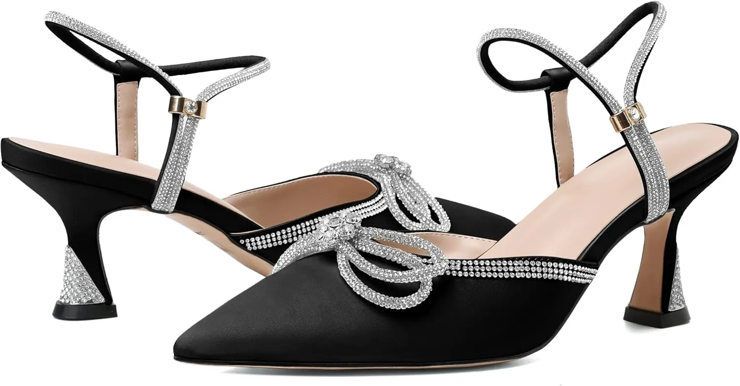 Joseywade Rhinestone Bow Heels Women Pointed Toe Low Heel Pumps Adjustable Ankle Strap Wedding Bridal Party Shoes