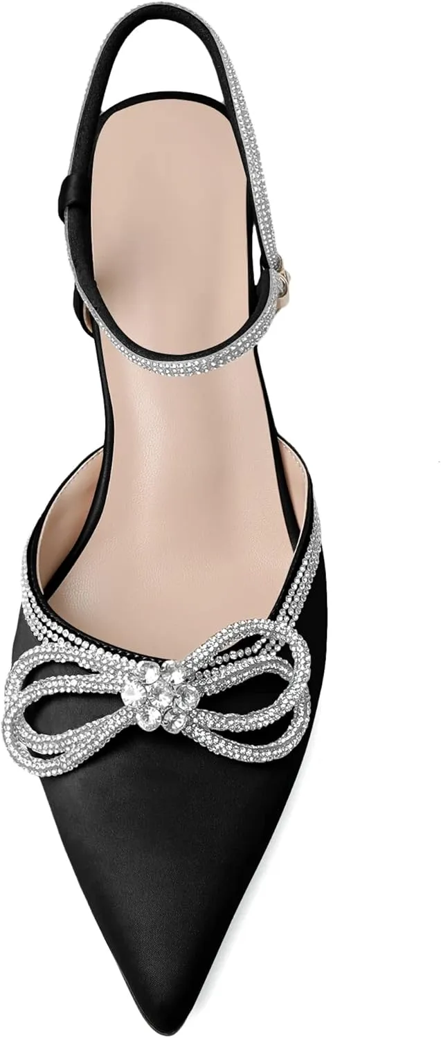 Joseywade Rhinestone Bow Heels Women Pointed Toe Low Heel Pumps Adjustable Ankle Strap Wedding Bridal Party Shoes