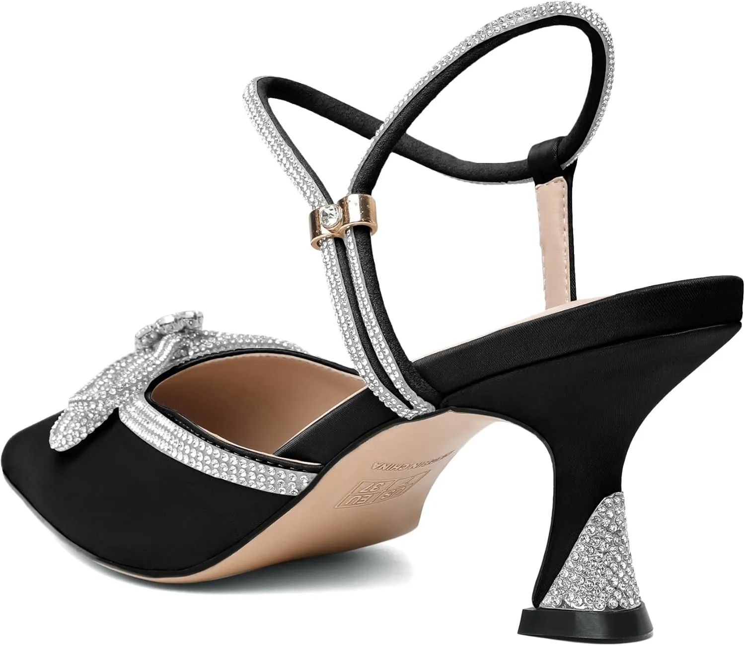Joseywade Rhinestone Bow Heels Women Pointed Toe Low Heel Pumps Adjustable Ankle Strap Wedding Bridal Party Shoes