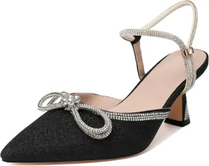 Joseywade Rhinestone Bow Heels Women Pointed Toe Low Heel Pumps Adjustable Ankle Strap Wedding Bridal Party Shoes