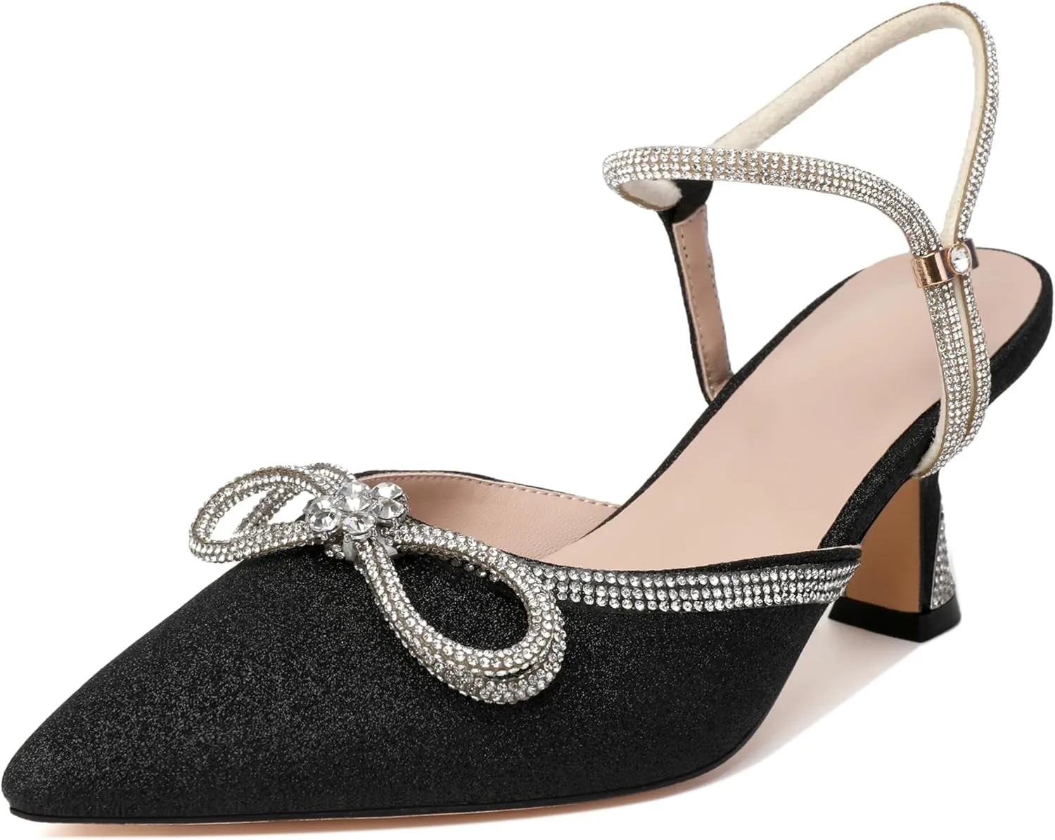 Joseywade Rhinestone Bow Heels Women Pointed Toe Low Heel Pumps Adjustable Ankle Strap Wedding Bridal Party Shoes