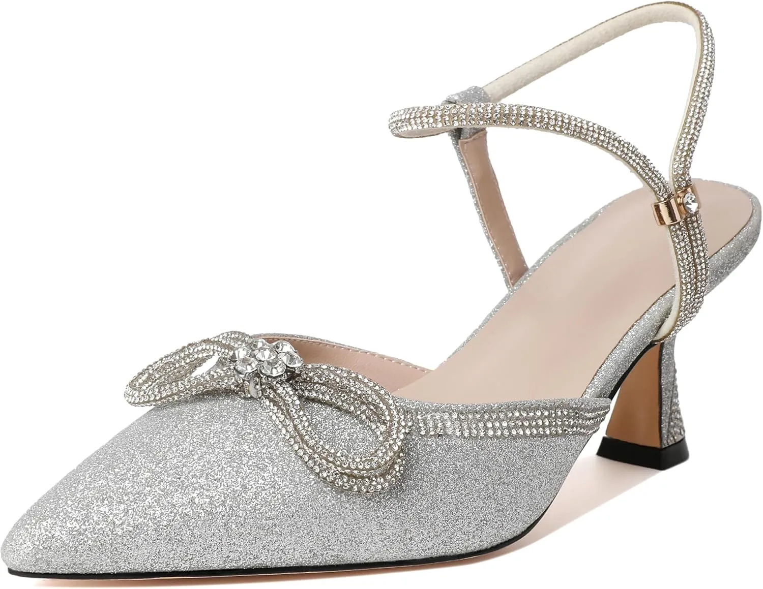 Joseywade Rhinestone Bow Heels Women Pointed Toe Low Heel Pumps Adjustable Ankle Strap Wedding Bridal Party Shoes