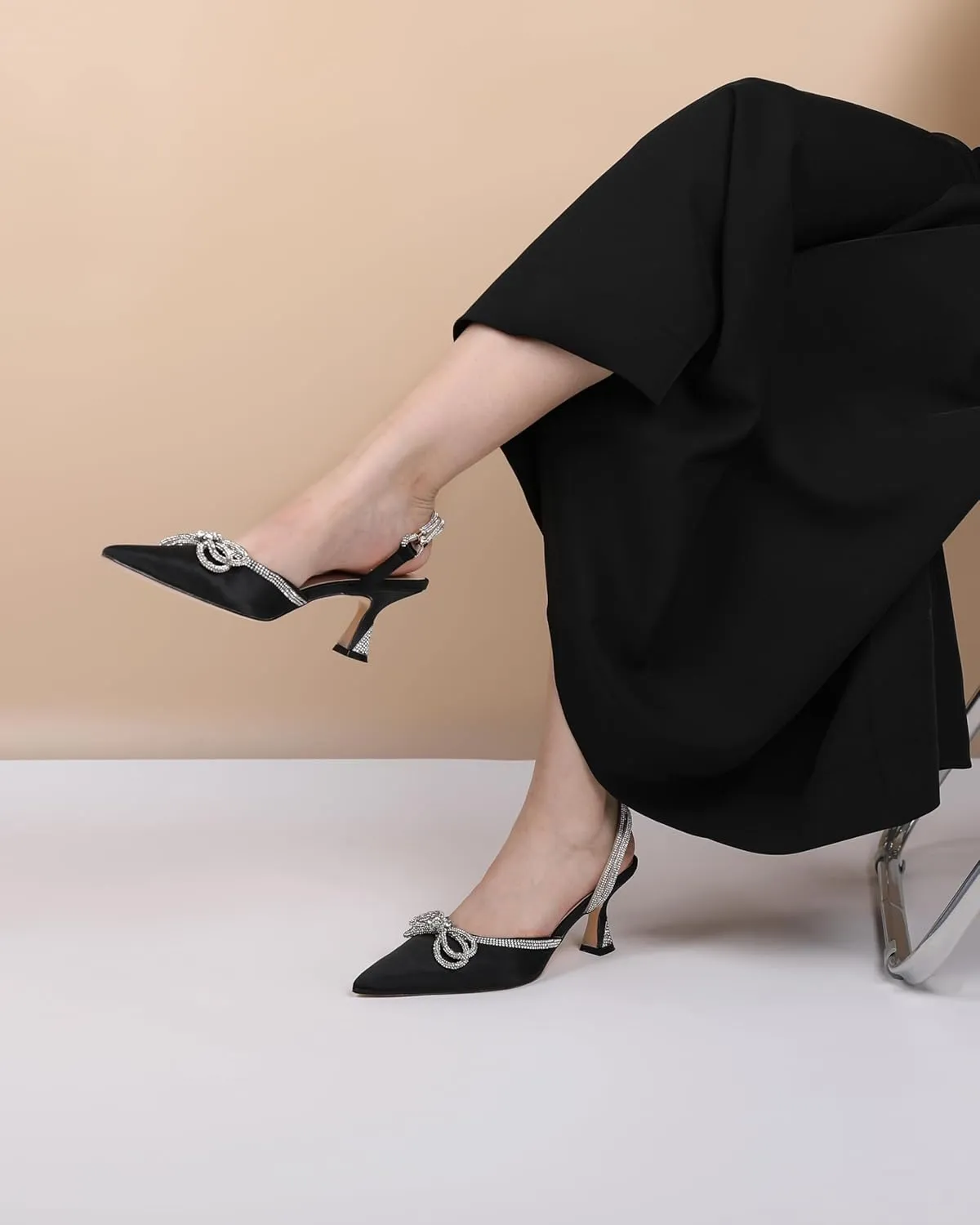 Joseywade Rhinestone Bow Heels Women Pointed Toe Low Heel Pumps Adjustable Ankle Strap Wedding Bridal Party Shoes