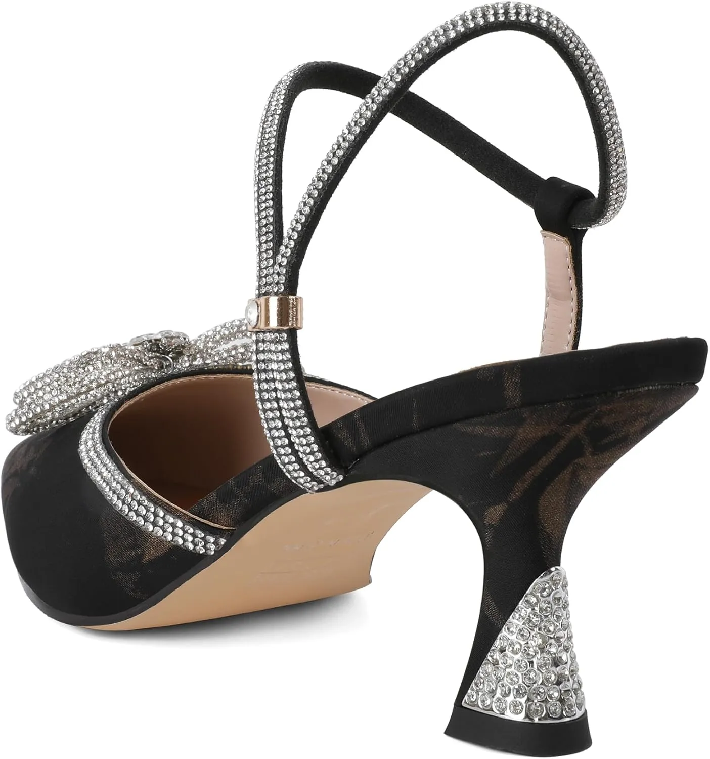Joseywade Rhinestone Bow Heels Women Pointed Toe Low Heel Pumps Adjustable Ankle Strap Wedding Bridal Party Shoes