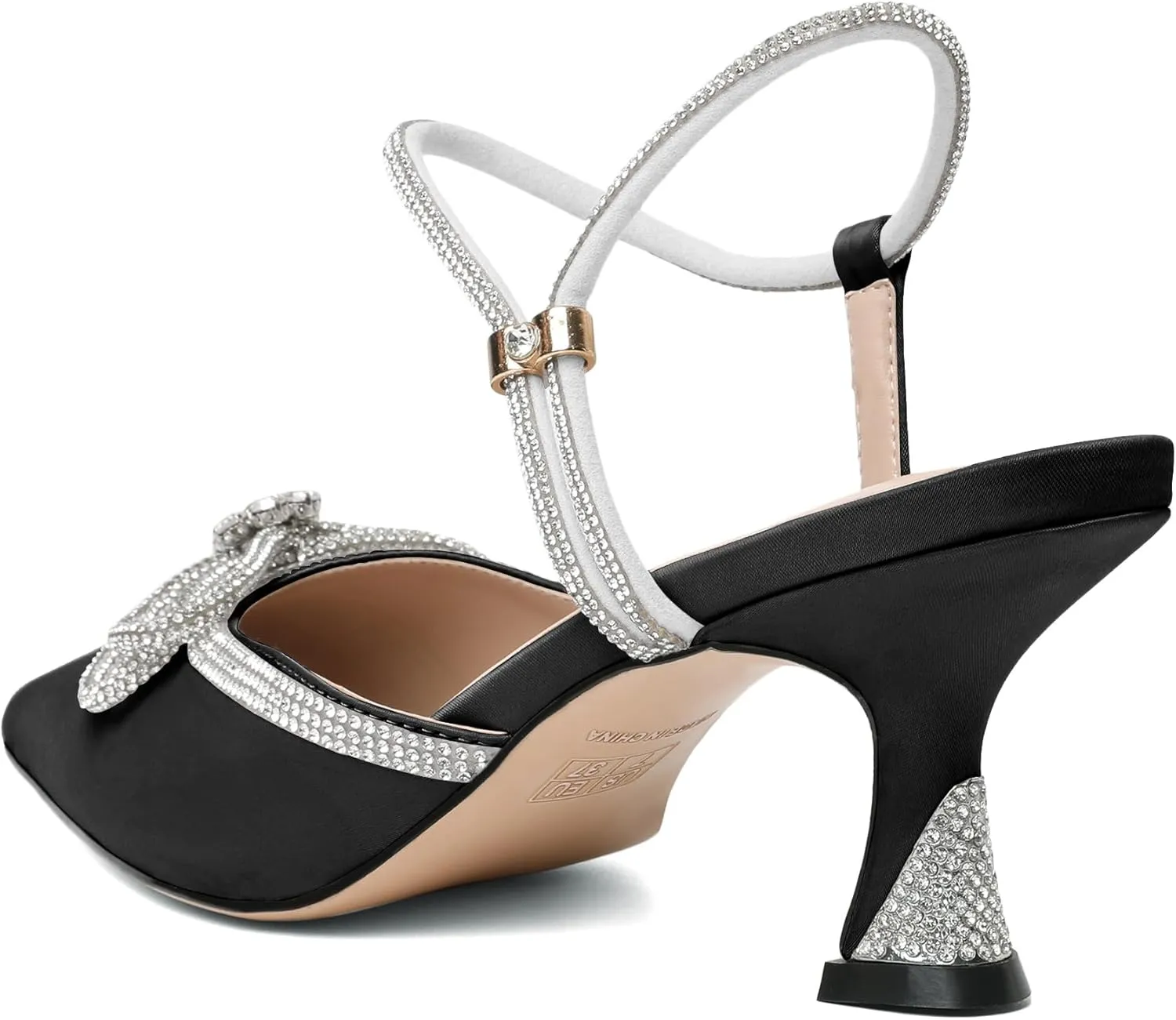 Joseywade Rhinestone Bow Heels Women Pointed Toe Low Heel Pumps Adjustable Ankle Strap Wedding Bridal Party Shoes