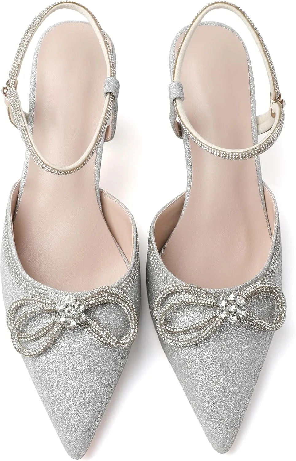 Joseywade Rhinestone Bow Heels Women Pointed Toe Low Heel Pumps Adjustable Ankle Strap Wedding Bridal Party Shoes