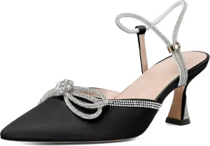 Joseywade Rhinestone Bow Heels Women Pointed Toe Low Heel Pumps Adjustable Ankle Strap Wedding Bridal Party Shoes