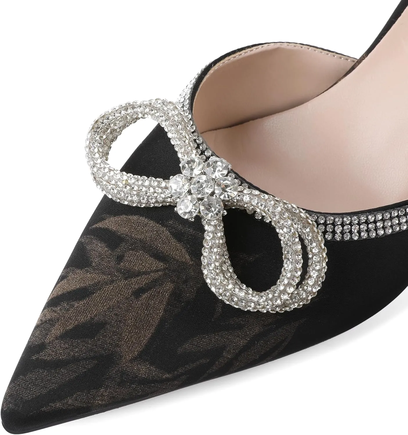 Joseywade Rhinestone Bow Heels Women Pointed Toe Low Heel Pumps Adjustable Ankle Strap Wedding Bridal Party Shoes
