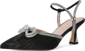 Joseywade Rhinestone Bow Heels Women Pointed Toe Low Heel Pumps Adjustable Ankle Strap Wedding Bridal Party Shoes