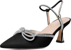 Joseywade Rhinestone Bow Heels Women Pointed Toe Low Heel Pumps Adjustable Ankle Strap Wedding Bridal Party Shoes