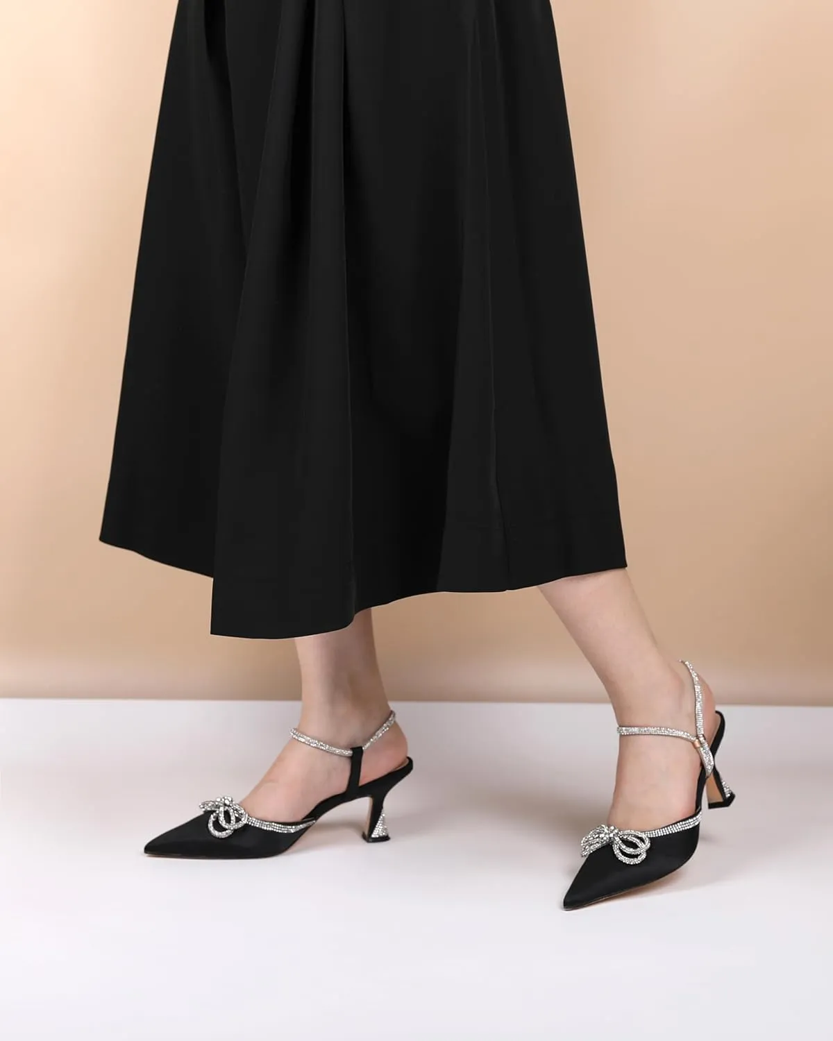 Joseywade Rhinestone Bow Heels Women Pointed Toe Low Heel Pumps Adjustable Ankle Strap Wedding Bridal Party Shoes