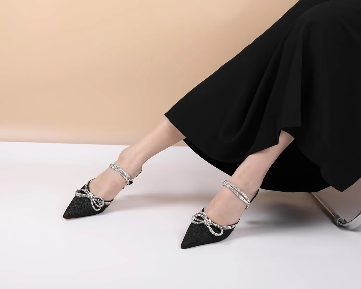 Joseywade Rhinestone Bow Heels Women Pointed Toe Low Heel Pumps Adjustable Ankle Strap Wedding Bridal Party Shoes