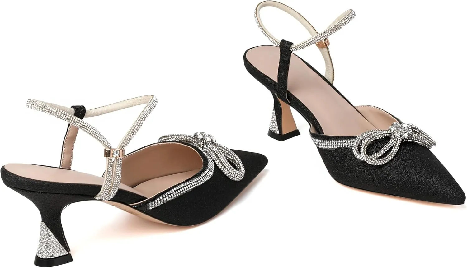 Joseywade Rhinestone Bow Heels Women Pointed Toe Low Heel Pumps Adjustable Ankle Strap Wedding Bridal Party Shoes