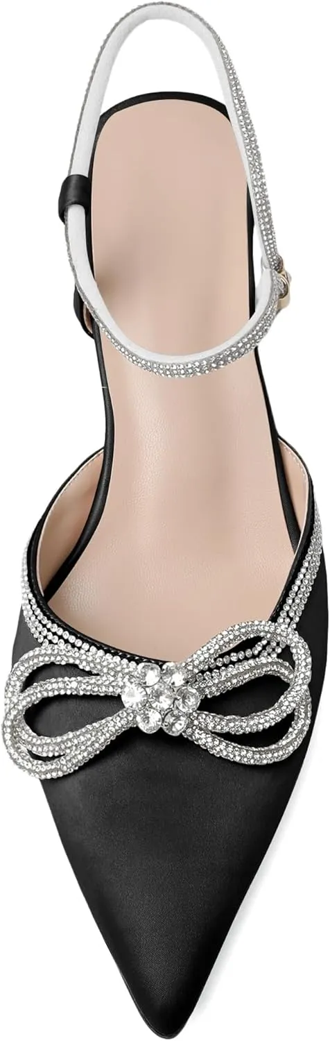 Joseywade Rhinestone Bow Heels Women Pointed Toe Low Heel Pumps Adjustable Ankle Strap Wedding Bridal Party Shoes