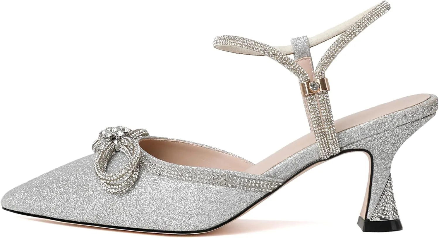 Joseywade Rhinestone Bow Heels Women Pointed Toe Low Heel Pumps Adjustable Ankle Strap Wedding Bridal Party Shoes