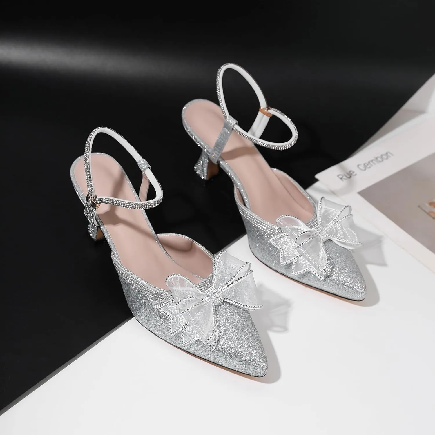 Joseywade Rhinestone Bow Heels Women Pointed Toe Low Heels Pumps Adjustable Ankle Strap Wedding Bridal Shoes