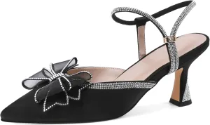 Joseywade Rhinestone Bow Heels Women Pointed Toe Low Heels Pumps Adjustable Ankle Strap Wedding Bridal Shoes