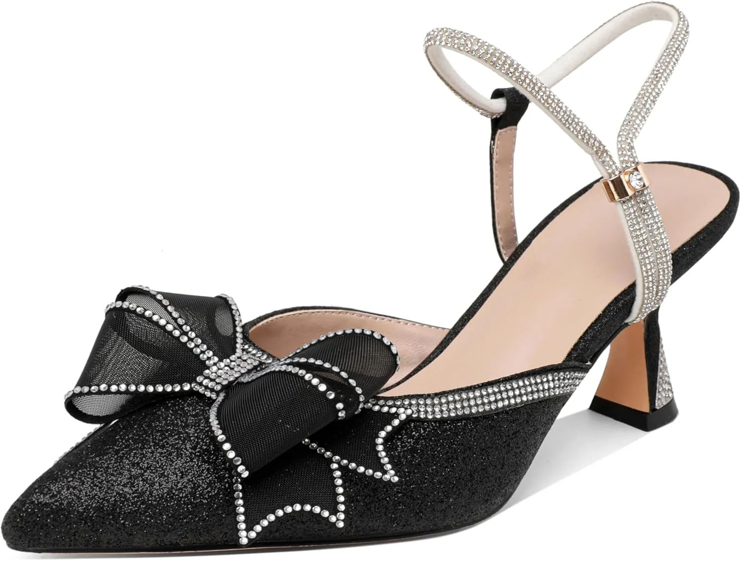 Joseywade Rhinestone Bow Heels Women Pointed Toe Low Heels Pumps Adjustable Ankle Strap Wedding Bridal Shoes