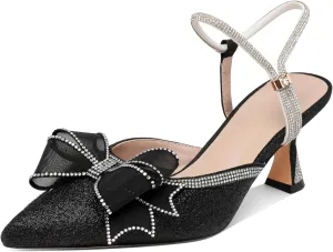 Joseywade Rhinestone Bow Heels Women Pointed Toe Low Heels Pumps Adjustable Ankle Strap Wedding Bridal Shoes