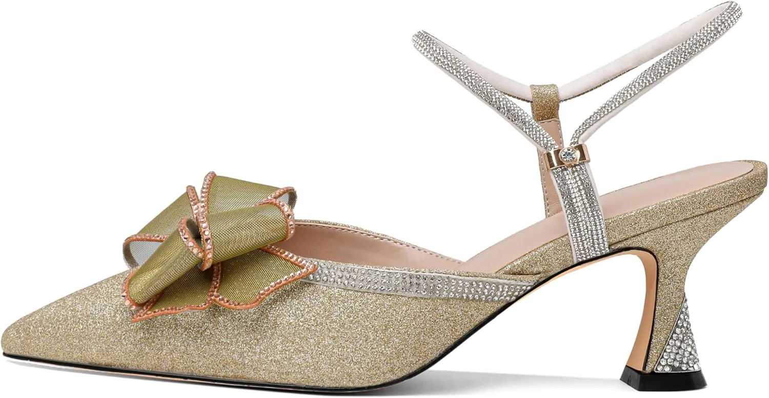 Joseywade Rhinestone Bow Heels Women Pointed Toe Low Heels Pumps Adjustable Ankle Strap Wedding Bridal Shoes