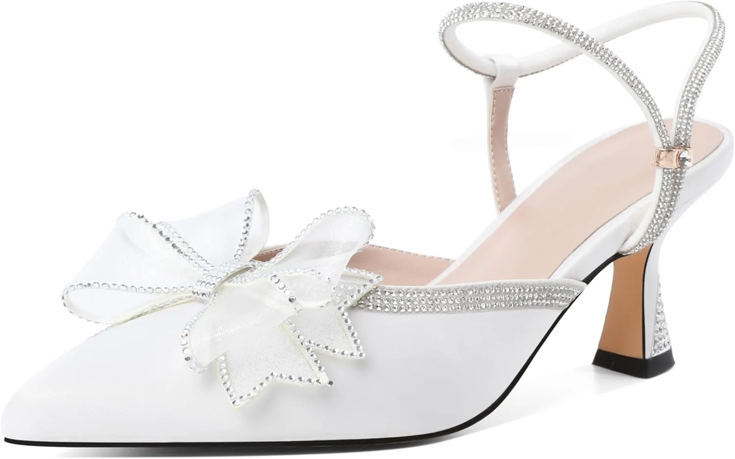 Joseywade Rhinestone Bow Heels Women Pointed Toe Low Heels Pumps Adjustable Ankle Strap Wedding Bridal Shoes